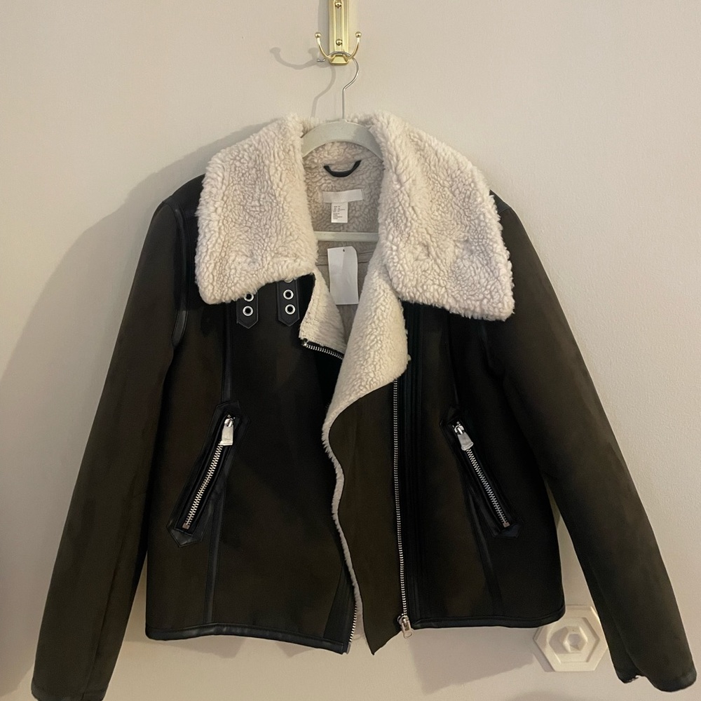 Dark Brown Bomber Jacket with White Sherpa Lining